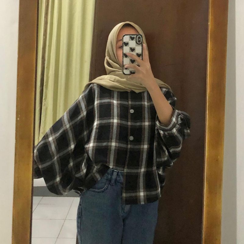 Jennie Batwing Tartan Oversize Crop Gridy Flanel / Kemeja Outer / Batwing Flanel Oversize