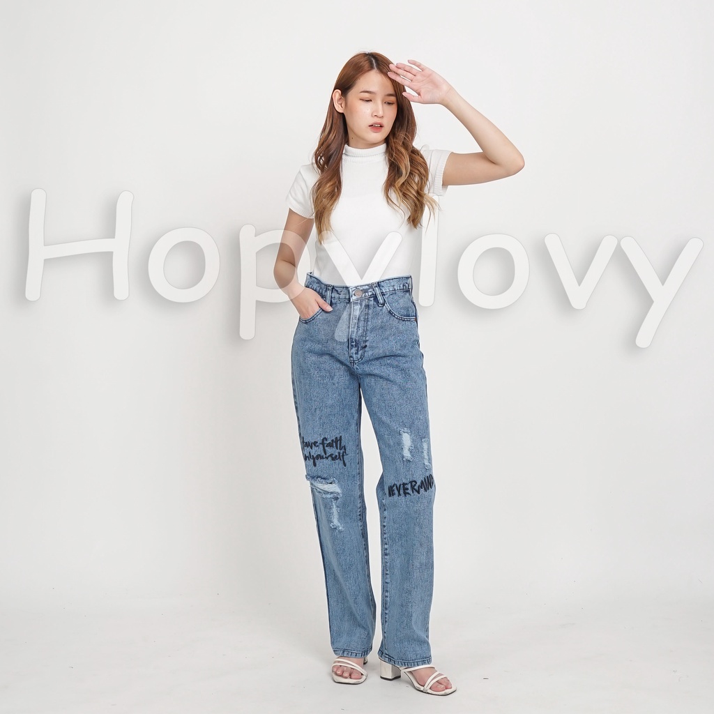 HOPYLOVY Celana Jeans Wanita Boyfriend Jeans High Waist Loose Sobek Lutut Bordir Neveline