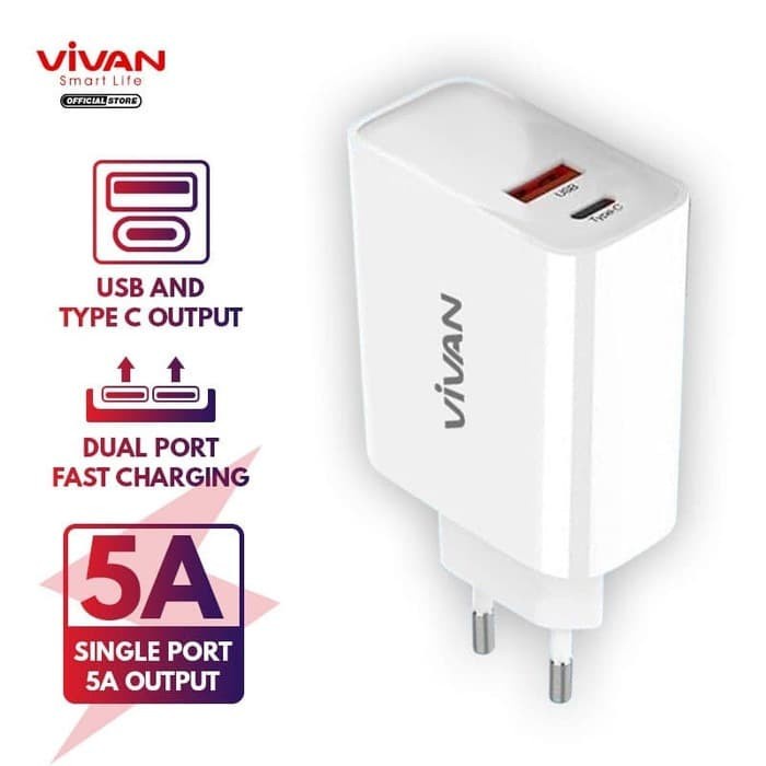 ADAPTOR CHARGER VIVAN DT01 30W 5A PD QC4.0 2 Port USB / Type-C - ORI