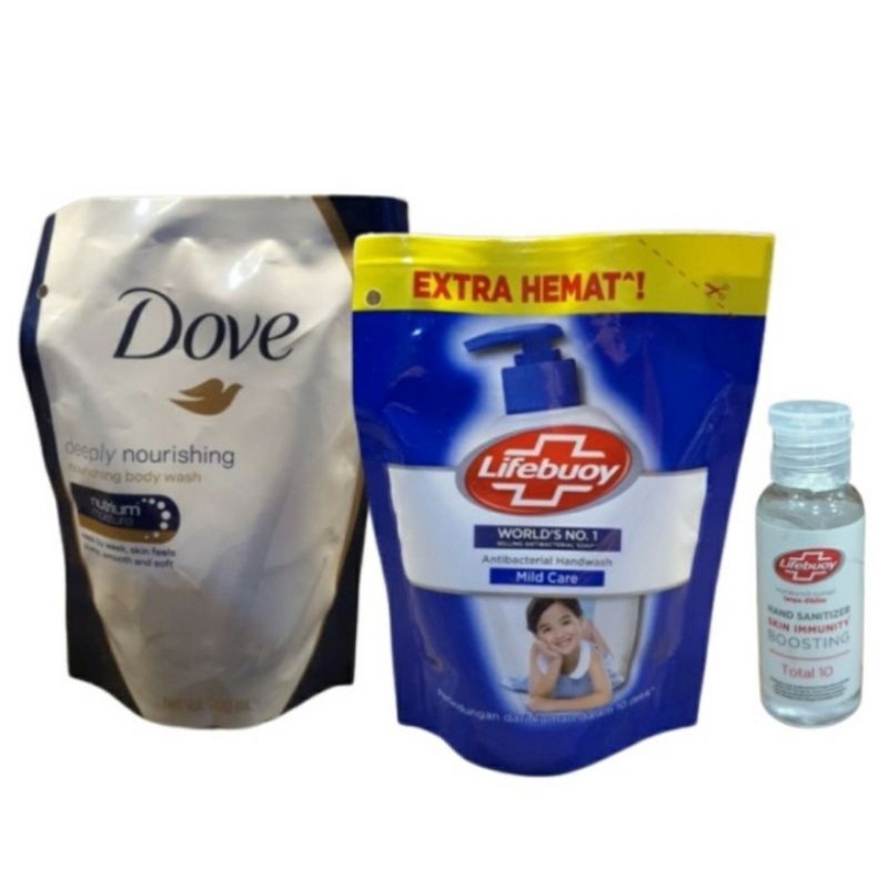 Dove Sabun Mandi Cair 400ml + Lifebuoy Hand Wash 180ml + Hand Sanitizer