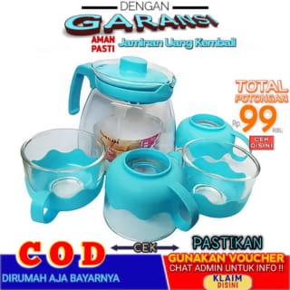 Teko Dan Gelas Kaca Tea Pot Set 5 in 1 Anti Panas Desain Cantik