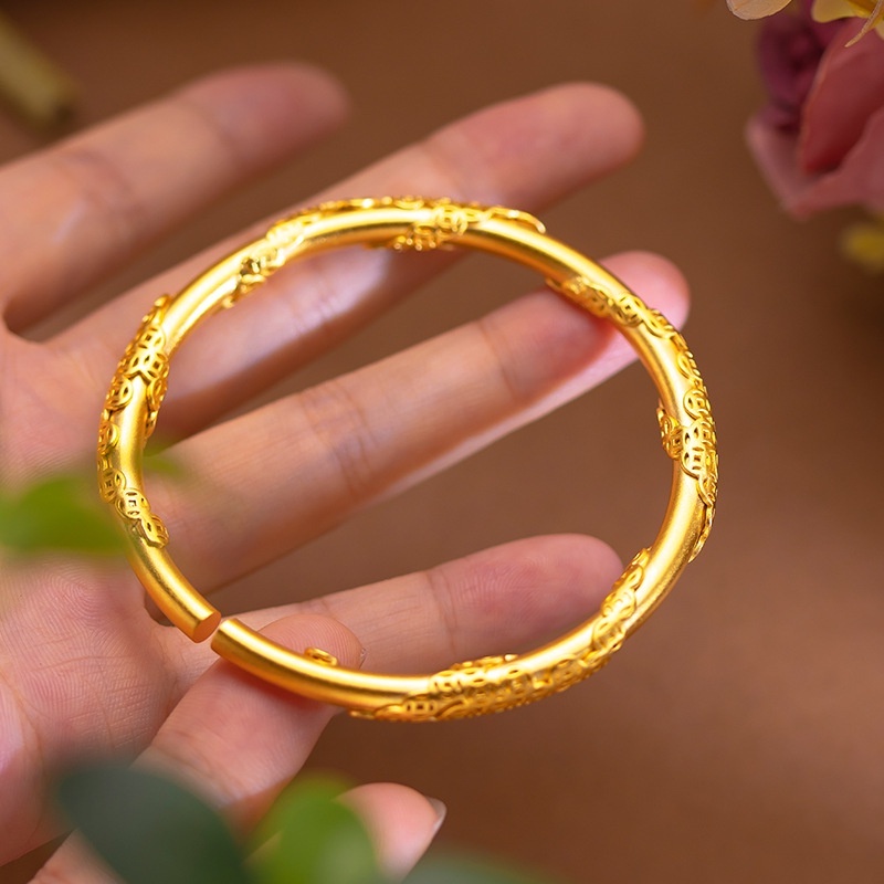 Goldkingdom Perhiasan Fashion Emas Asli Kadar 375 Bangkok Aksesoris Ready Stock Gelang Uang Metode Kuno Tongkat Bulat Koin Lapis Emas Gelang Wanita