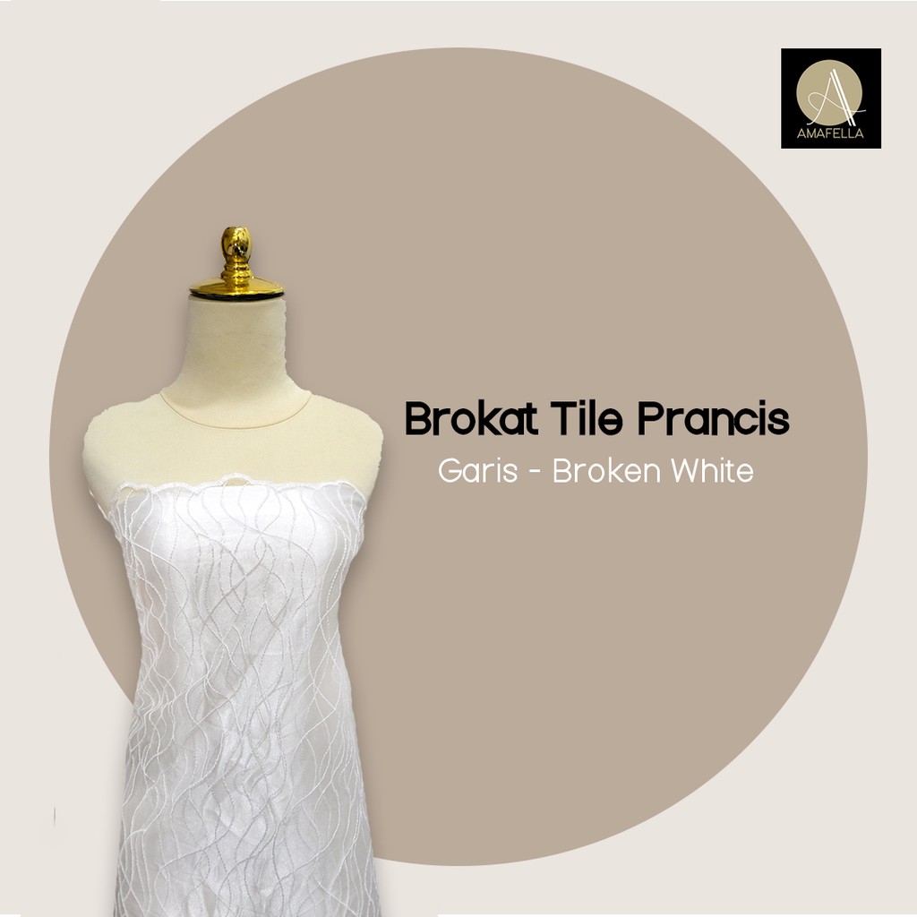 1/2 meter Kain Brokat Tile Prancis Bahan Kebaya Motif Garis Warna Broken White