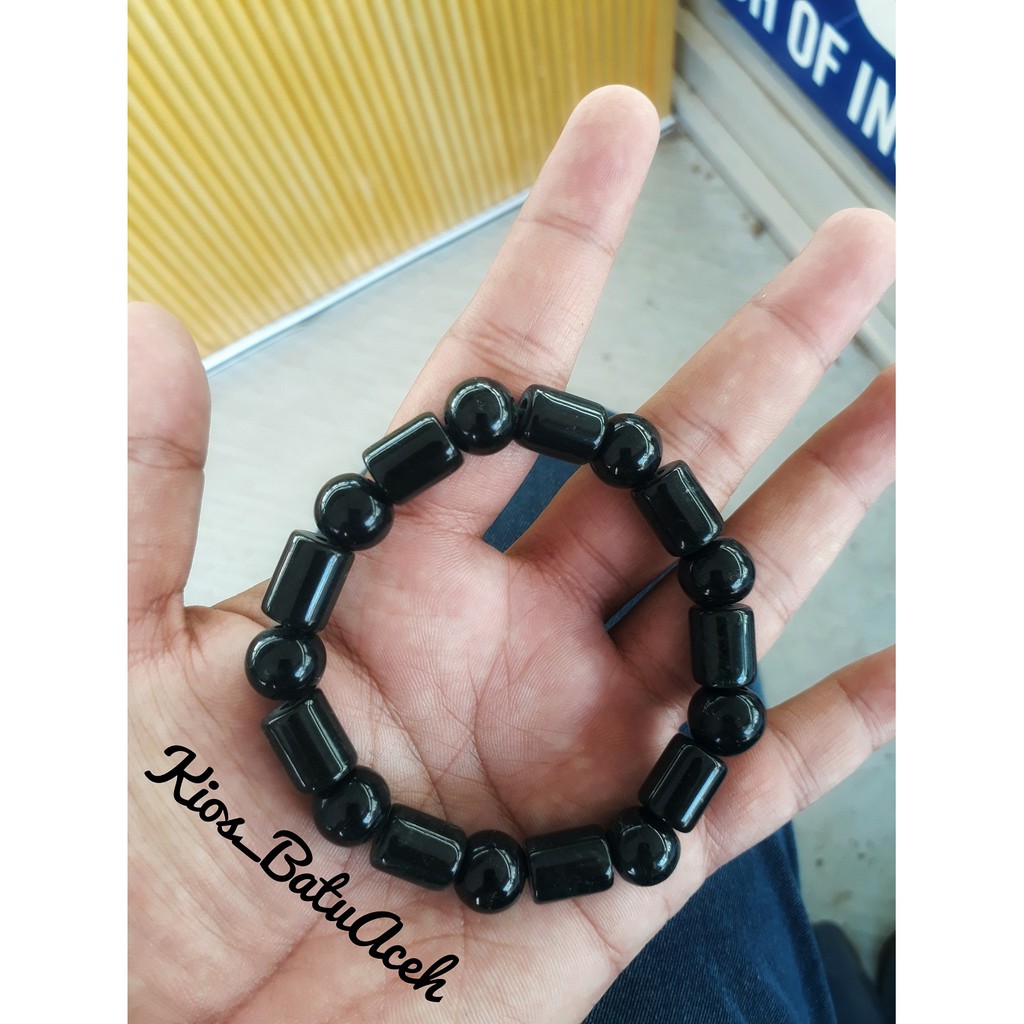 Gelang Giok Batu Black Jade Asli Aceh Tabung Kombinasi Bulat