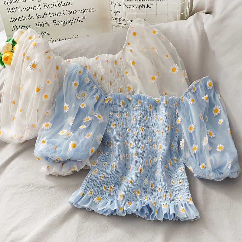 Baju Sabrina Wanita Motif Floral Puff Sleeve, Lengan Pendek Model Korea