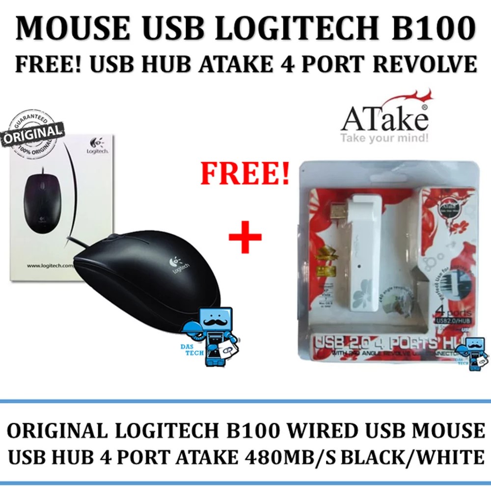 Mouse Logitech B100 FREE Bonus Usb Hub Atake 4 Port Revolve