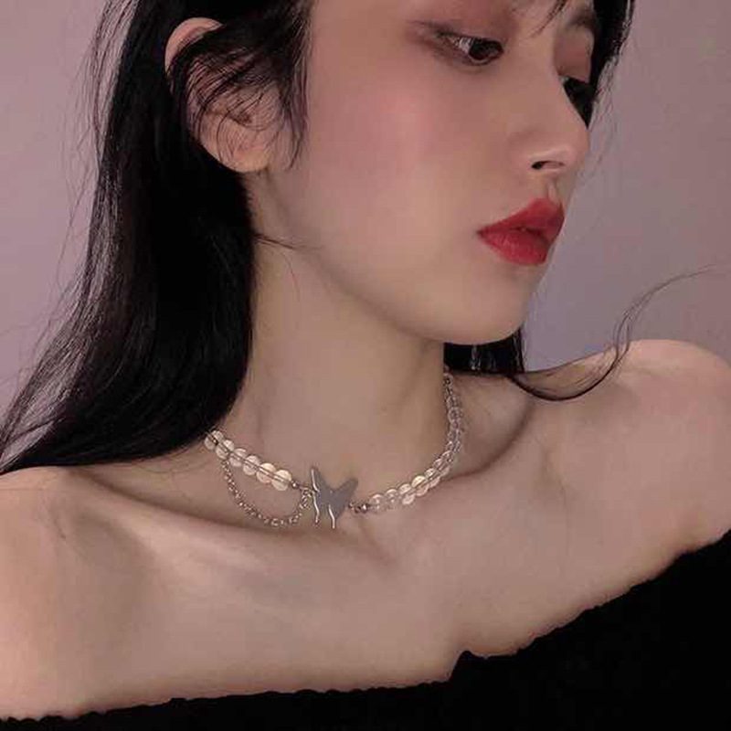 INS Japan and Korea Super Fairy Butterfly Girl Necklace Choker Transparent Round Beads Punk Collarbone Chain