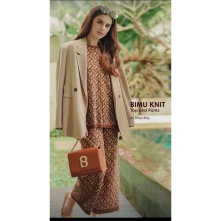 bimu monogram knit top mocha buttonscarves ready siap kirim size m