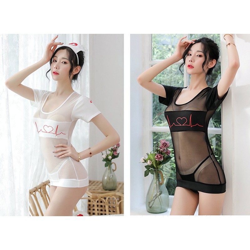 Lingerie Wanita Transparan Cosplay Lingerie Sexy Perawat Seragam Bermain peran A375