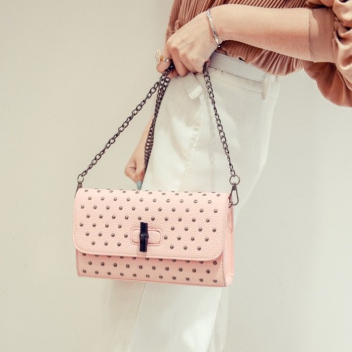 TAS PINK CLUTCH KECIL WANITA SIMPLE HAND BAG RANTAI SELEMPANG PANJANG