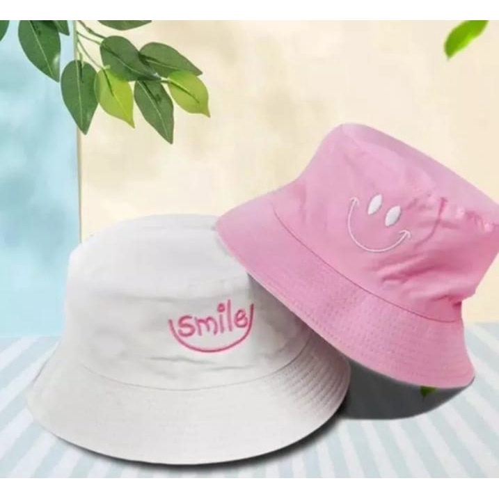 Topi Bucket Wanita Motif Bordir Smile Face untuk Outdoor bolak balik MODEL BARU MASA KINI