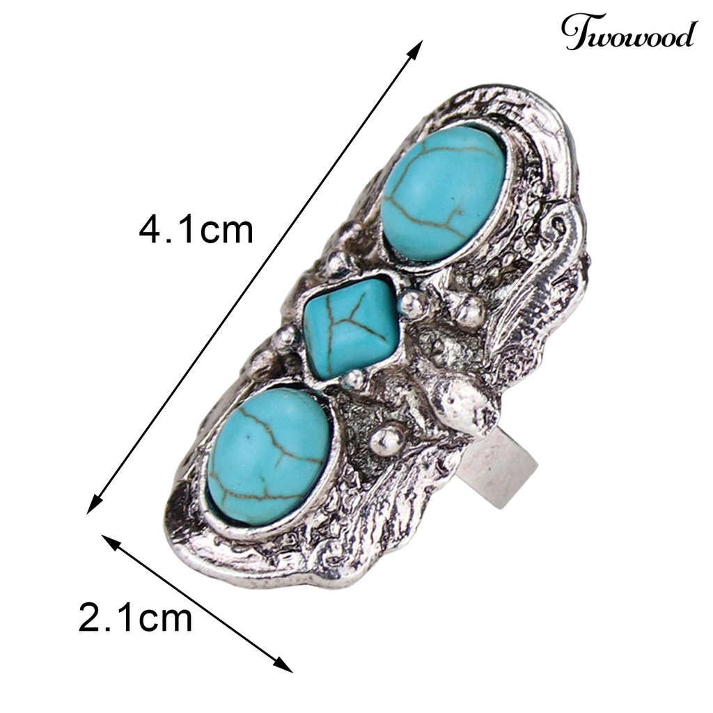 Twowood Stone Rings Bohemian Style Adjustable Green Stone Carved Flower Oval Opening Ring for Party