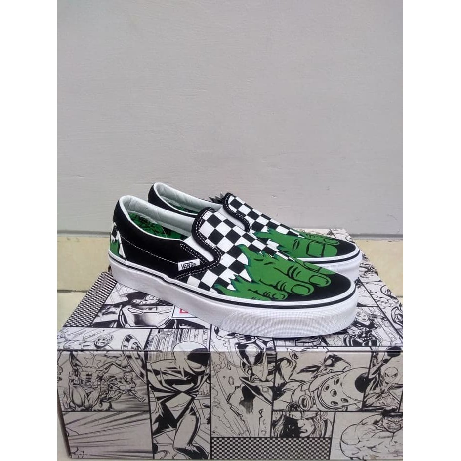 vans x marvel slip on hulk checkerboard shoes