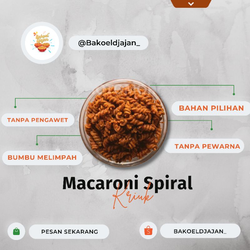 

(100 GR) MACARONI SPIRAL PEDAS DAUN JERUK GR BY BAKOEL DJAJAN