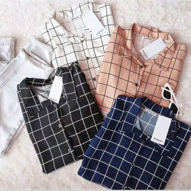Blouse Wanita Atasan Blouse Kotak Kotak Wanita Blouse Kotak Lilac