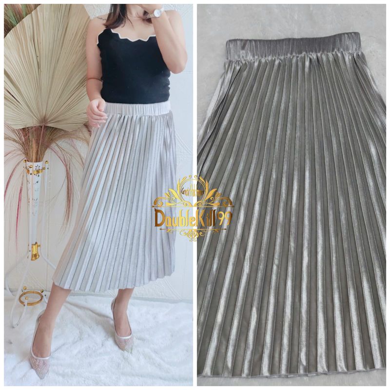 GROSIR ROK IMPORT / ROK 7/8 PLISKET BLUDRU VELVET PREMIUM  GLOSSY-7/8 SILVER GLOSSY