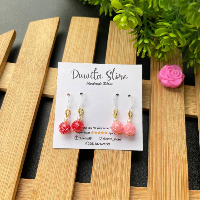 HANDMADE ANTING ANAK/DEWASA KAITAN PLASTIK MOTIF MUTIARA MAWAR(2pasang)