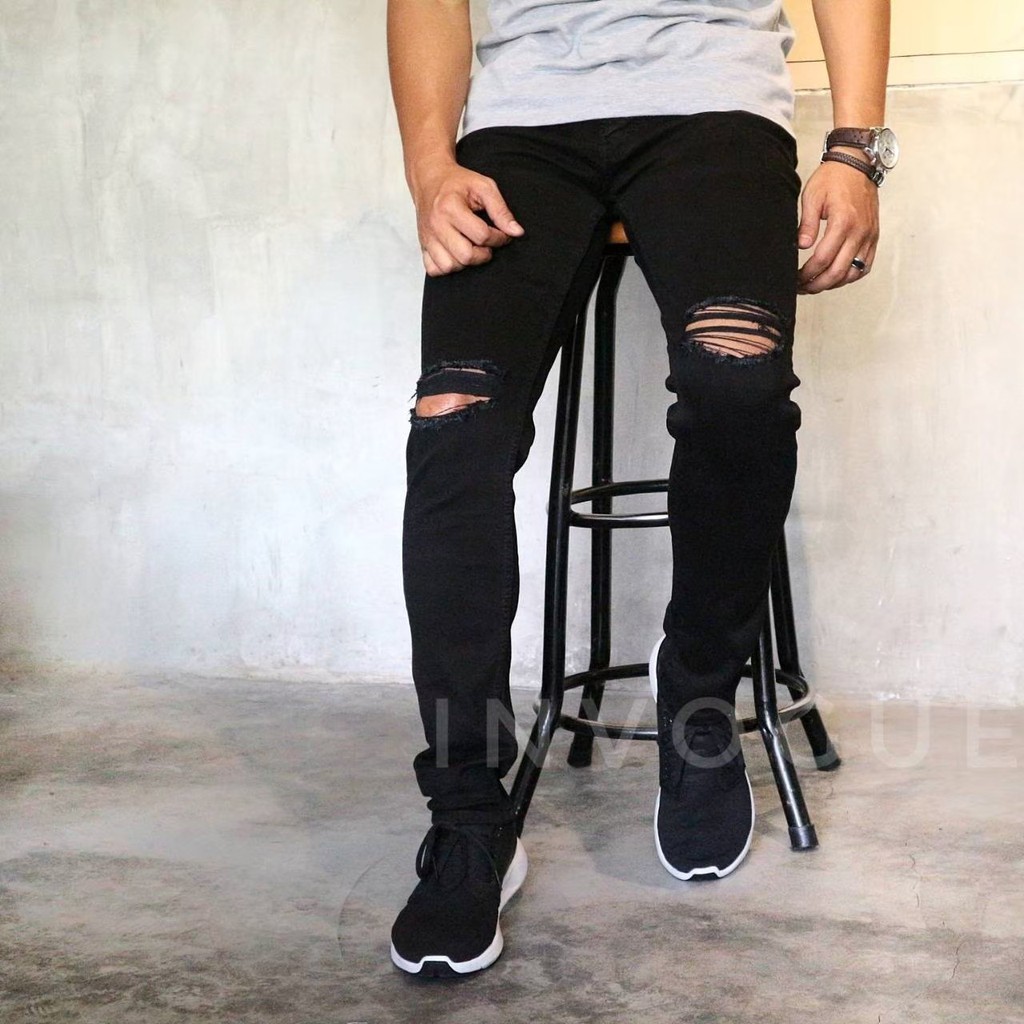  Jeans  ripped blue light celana  sobek pria  hitam  sobek 