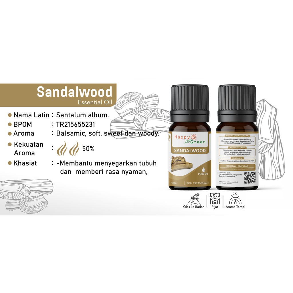 BPOM Happy Green Sandalwood Essential Oil - Minyak Atsiri Kayu Cendana Santalum Album  Pasti Murni !