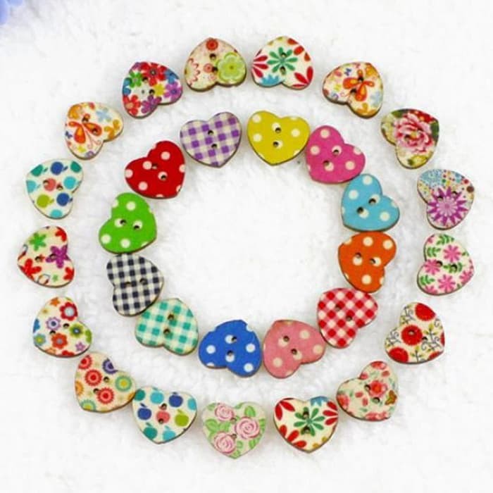 Kancing Kayu Dua Lubang - Multicolor Flower Heart (10pcs)