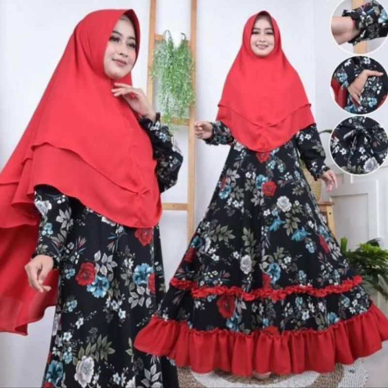 Gamis Susun Terbaru Bahan Monalisa Original Motif Bunga Syari Busui Mawar Rempel Ceruty