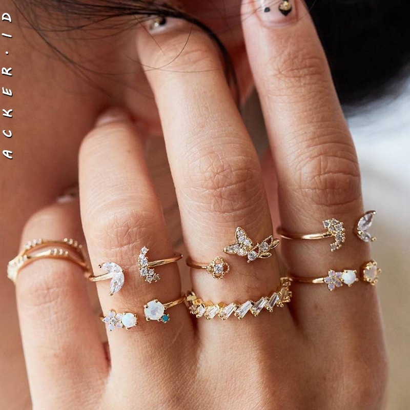 7pcs / Set Cincin Desain Kupu-Kupu Bunga Kristal Berlian Gaya Bohemia Untuk Wanita