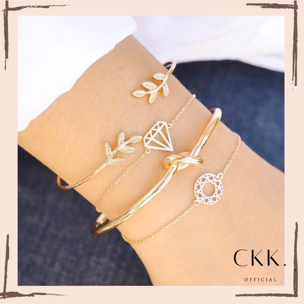 ➰CKK➰ 4Pcs / Set Gelang Vintage FA127 Simple Elegan Motif Daun Berlian Hollow