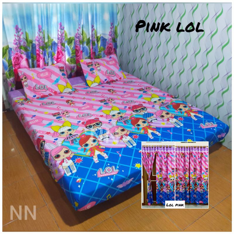 Paket Murah set sprei+gorden PINK LOL