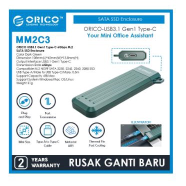 Ssd m2 enclosure orico Ngff sata usb3.1 type-c 6Gbps up 4tb 2280 mm2c3 - casing m.2 b-key external mm2-c3