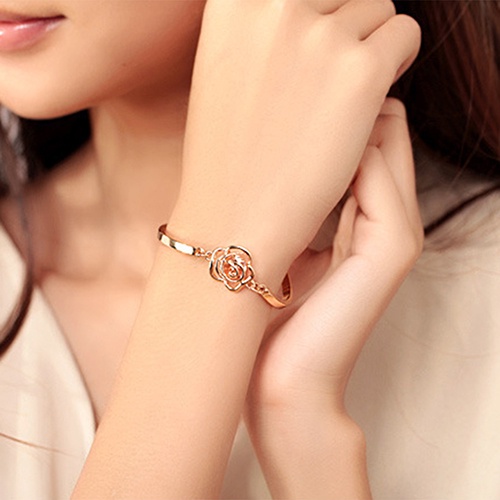 canaan Women Golden Flower Crystal Rose Bangle Cuff Chain Bracelet Chic Jewelry Present