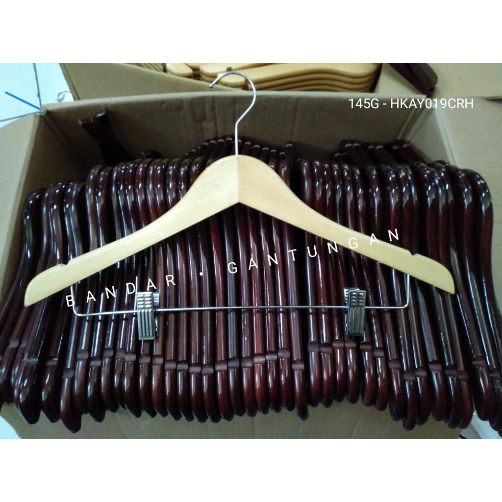 Hanger Kayu Jepit Besi Premium Celana Rok Warna Natural/Putih Gantungan Baju Distro Butik Celana Rok Jepit Besi-BH