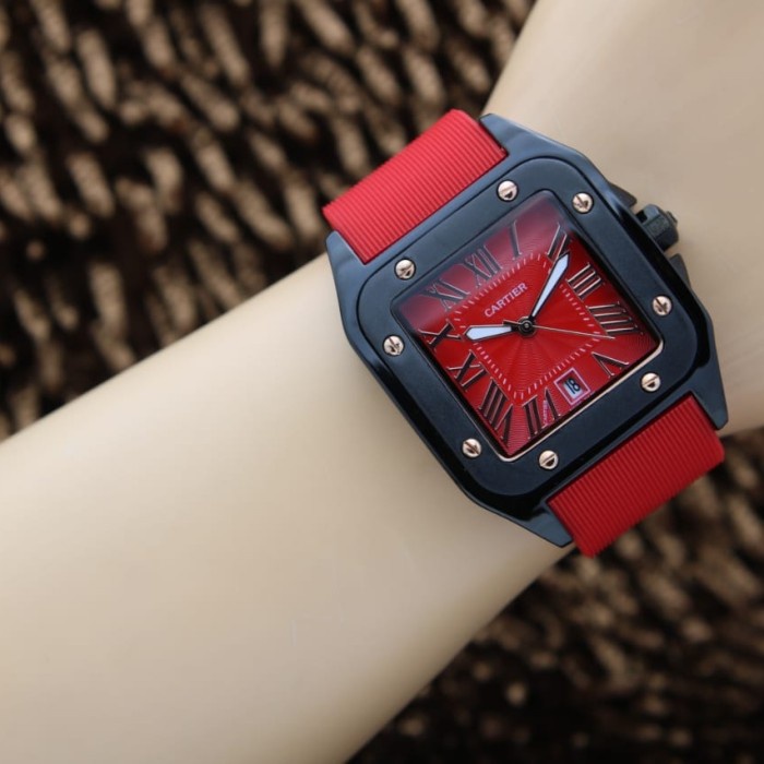 Jam Tangan Wanita Cartier Premium Rubber Tanggal Aktif - Red Black
