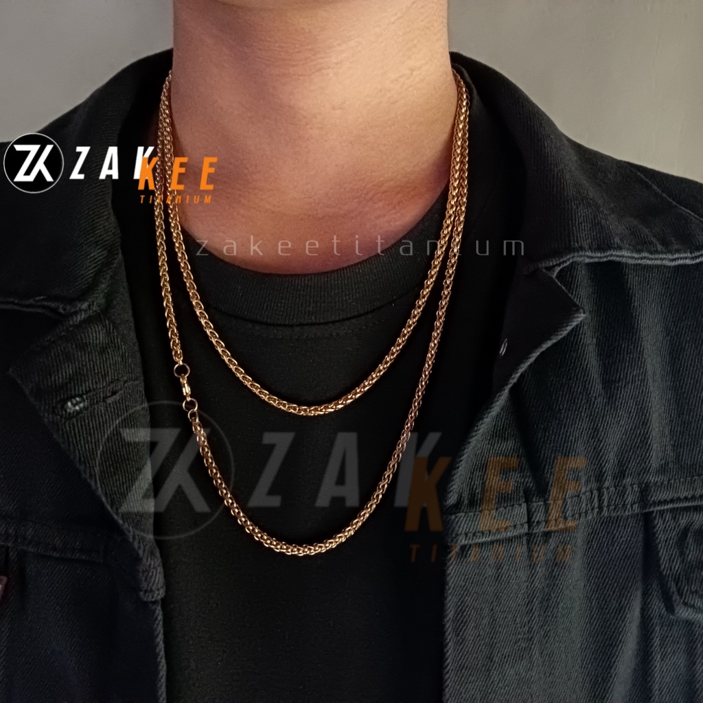 Kalung Pria Wanita Titanium Anti Karat Rantai Emas Gold Cowok Cewek Keren Rante Kepang Panjang 50cm dan 60cm