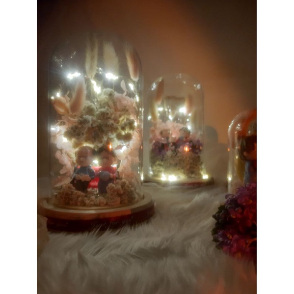 

Valentine Gift for Special Person (Let's Grow Old Together) Glass Dome Ukuran 20x12 cm. Isi : Edelweiss+Hydrangea Dried Flowe+Lagurus Bunny Tail+Miniatur Kakek-Nenek+LED (plus baterai 3)