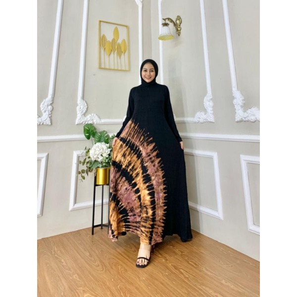 Gamis Black Tiedye Jumbo Abstrak Resleting Depan Busui Bumil Homedress Wanita Kekinian Katun Spandek Adem Terlaris