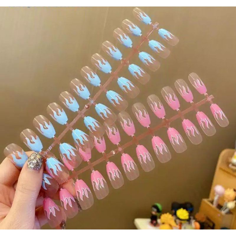 KUKU PALSU PREMIUM IMPORT FAKE NAILS Motif Api api fire blue and pink