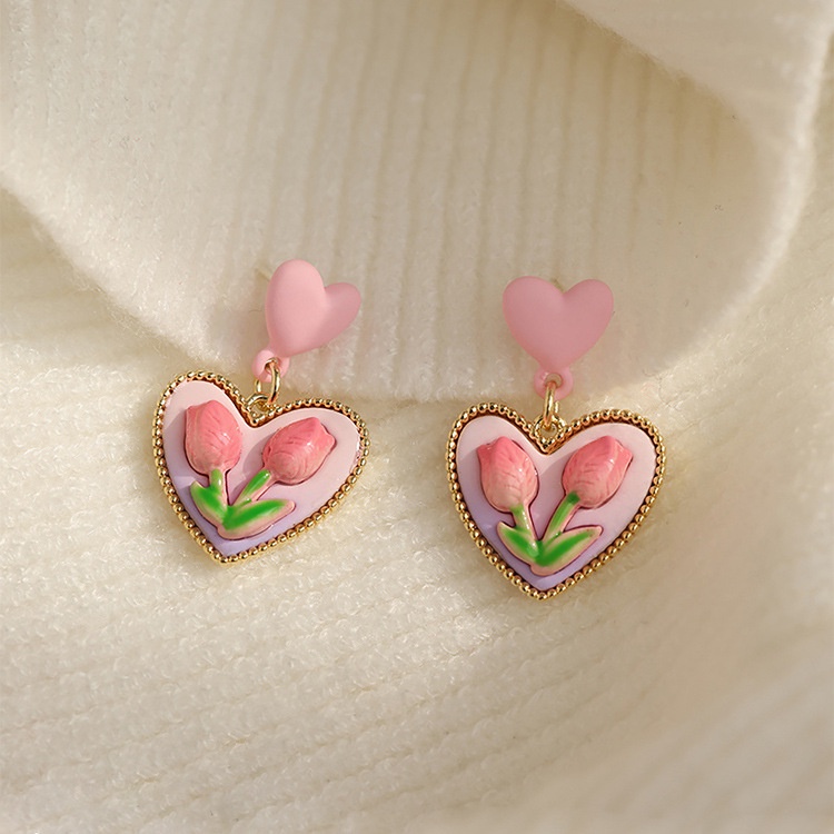 Anting Liontin Bentuk Bunga Tulip Warna Pink Gaya Retro