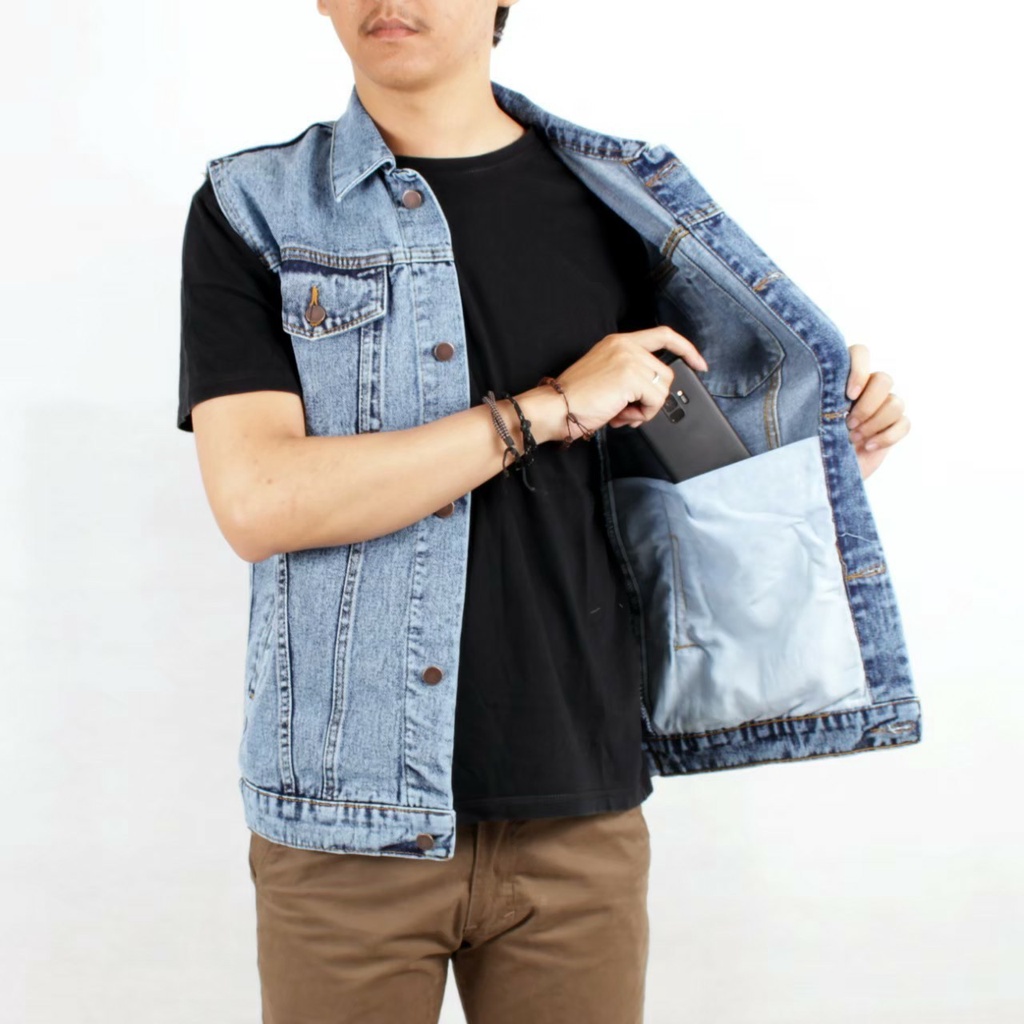 TURUN HARGA ! Rompi Jeans Pria Sandwash Lekmong - Jaket Rompi Kerah Denim Distro Original Flower Country