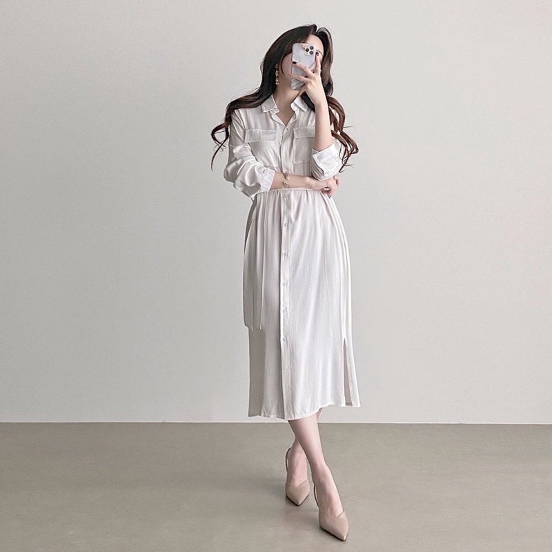 Lindsey long dress korean shirt dress casual formal white dress vintage midi dress party