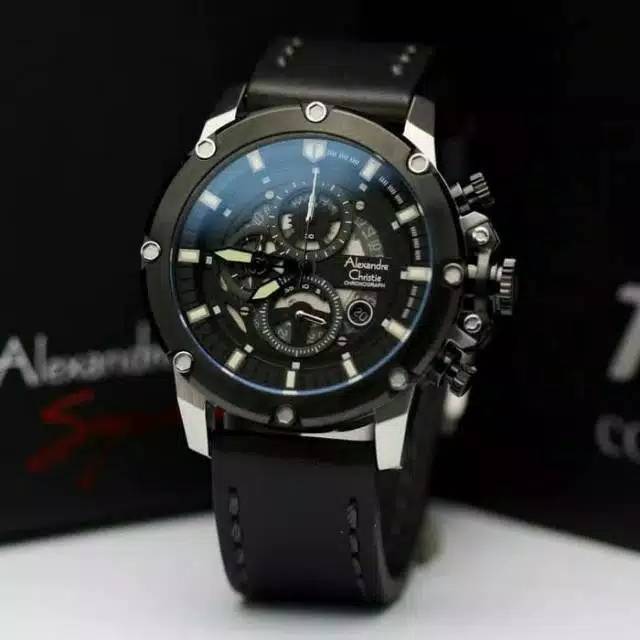 Jam Tangan Alexandre Christie AC 6416 MC Leather / Kulit Black Body Black Silver Pria/Cowok Original