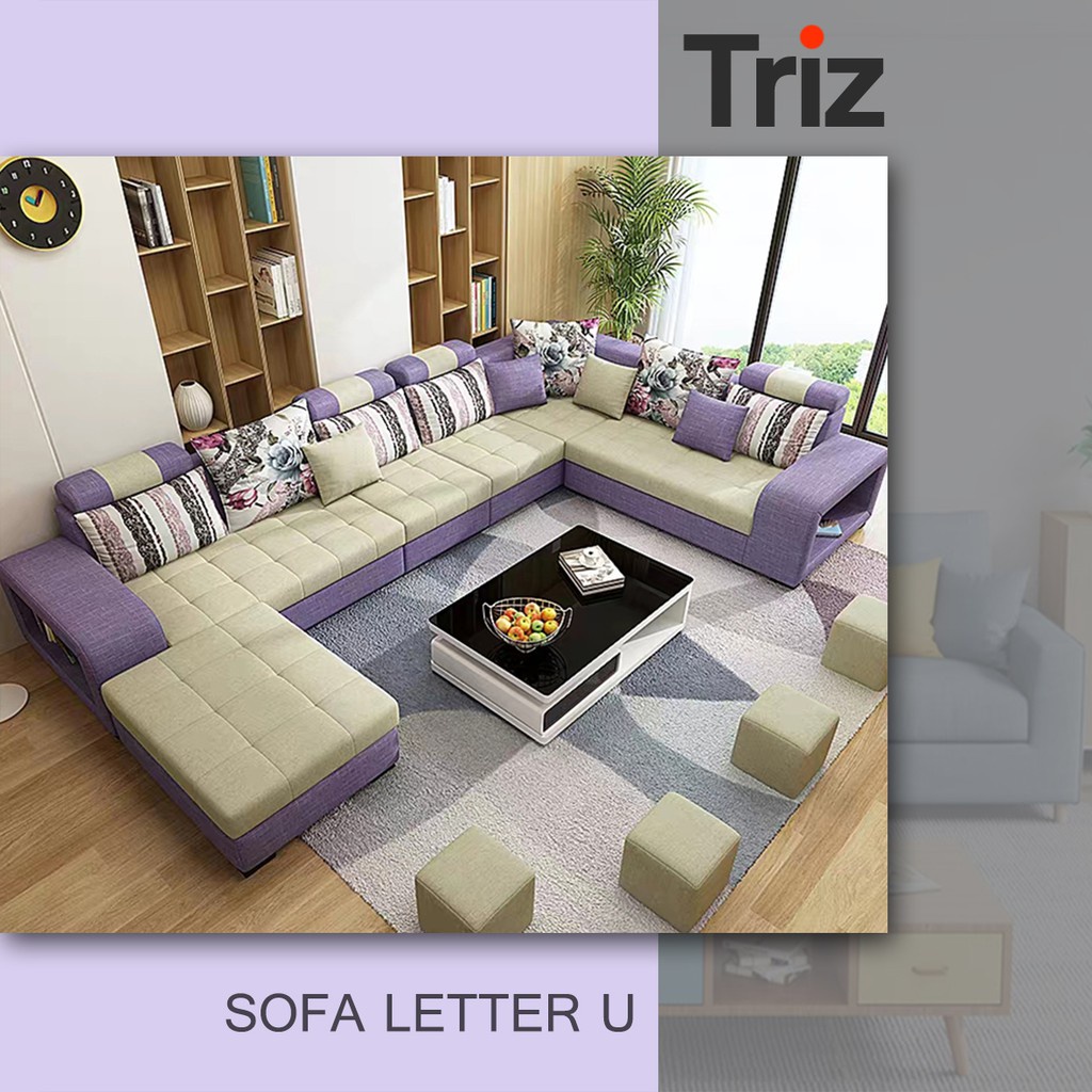 sofa minimalis u 7 seater furniture minimalis warna cream ungu bonus meja minimalis [Triz