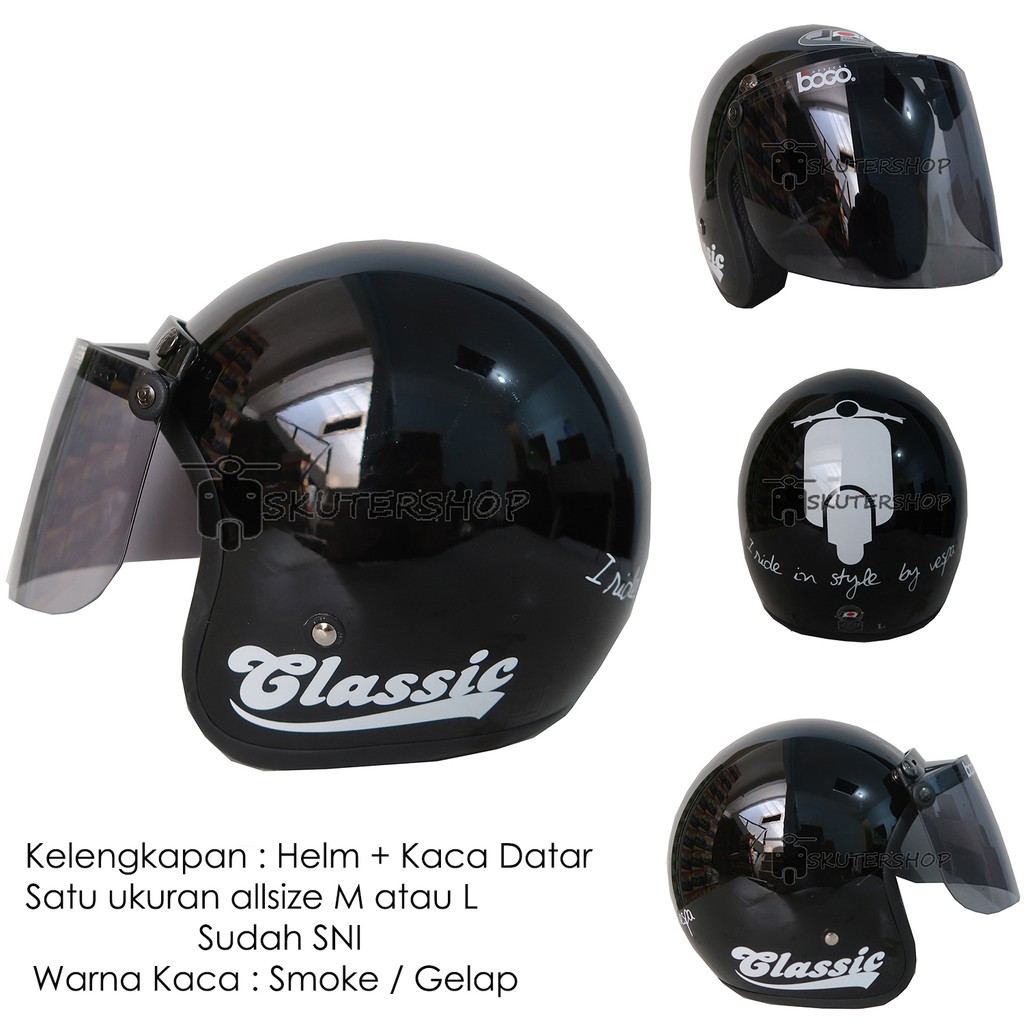Andriawanhs Helm Bogo Retro Klasik JPN Vespa Classic Hitam Glossy Motif Putih Kaca Bogo Datar Ori