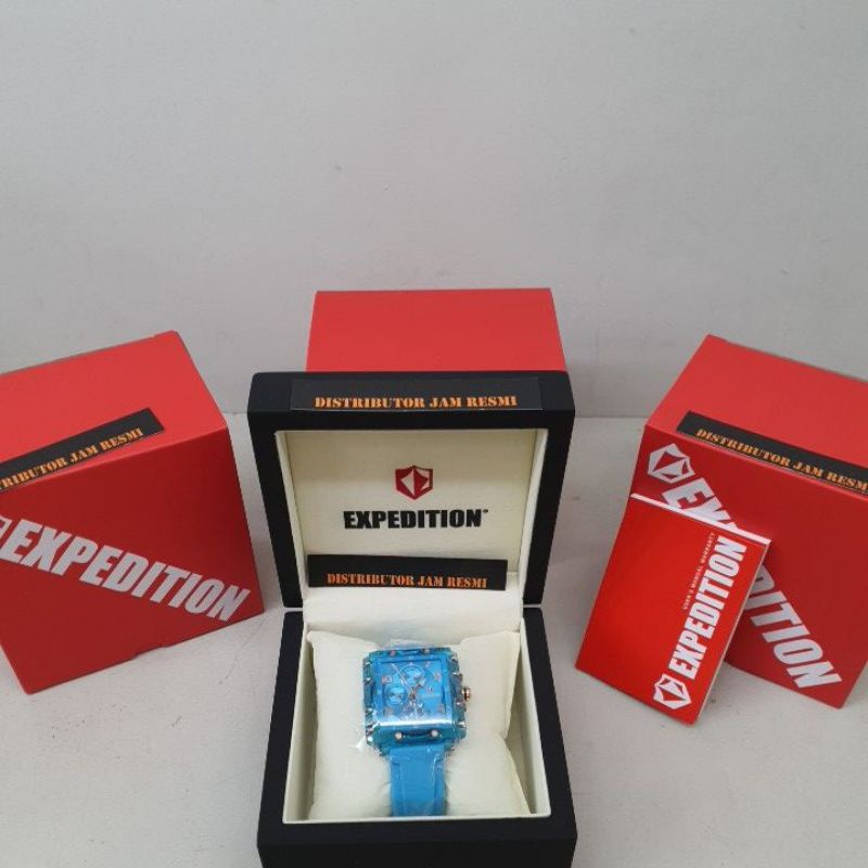 Jam Tangan Wanita Expedition  E6808M E 6808 M E6808 M E 6808M All Blue Rubber Cronograph