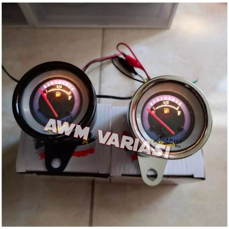 Speedometer Amper bensin led jarum / Fuel Meter bensin analog led body crome sama hitam 12 volt universal motor