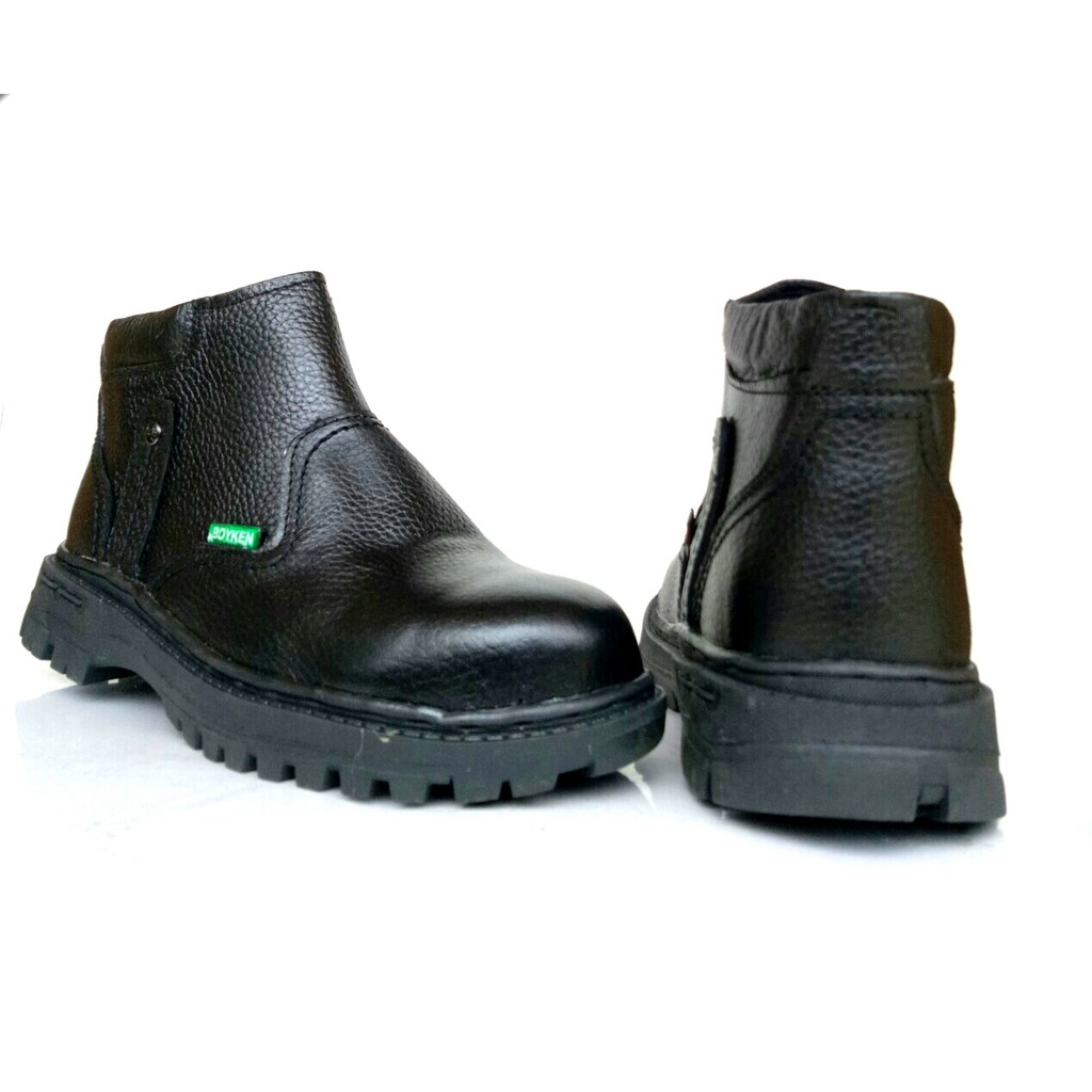 MANDIENS Sepatu Safety Pria Kulit Asli Ujung Besi model Boot Resleting Tanpa Tali Berkualitas Branded Merk Boyken KR04  - Sepatu Safety Proyek - Sepatu Kitchen Anti Licin