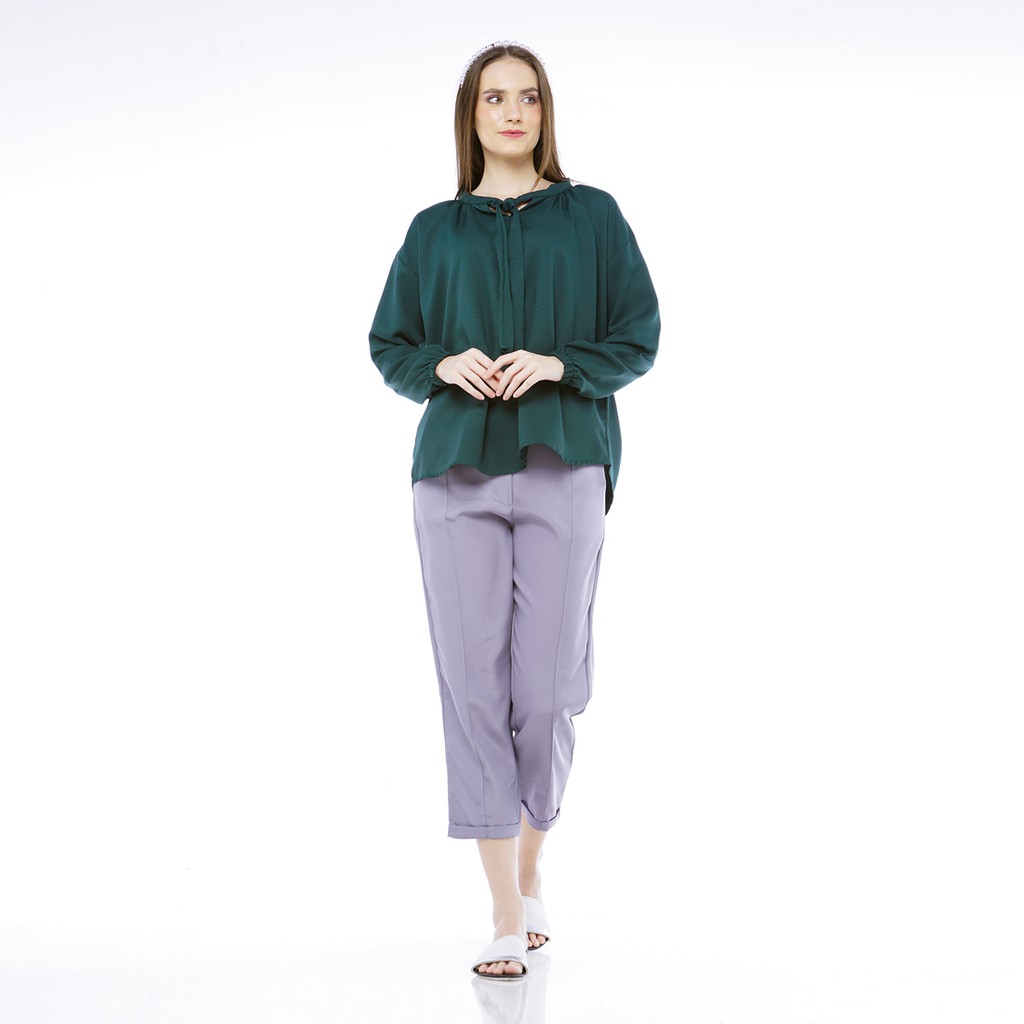 IE.DEMODE Leah Atasan Blouse Wanita Oversize Lengan Panjang Polos Hijau-4