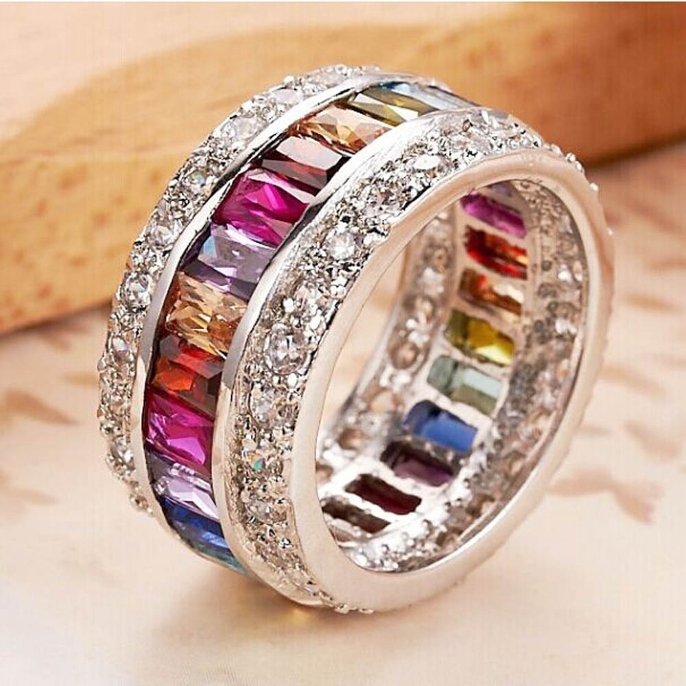 SEUSUK  Fashion Woman Multicolor Gemstone Delicate Princess Bride Wedding Engagement Ring Jewelry