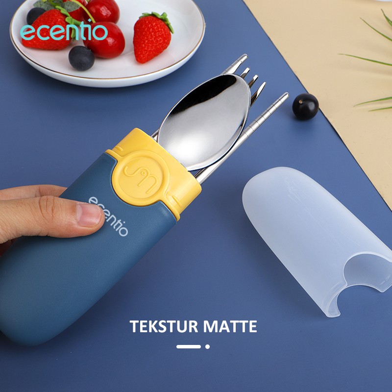 ecentio &amp; FOODI  stainless Sendok sumpit garpu set dengan portabel PP kotak alat makan 3pcs peralatan makan biru Cutlery Set