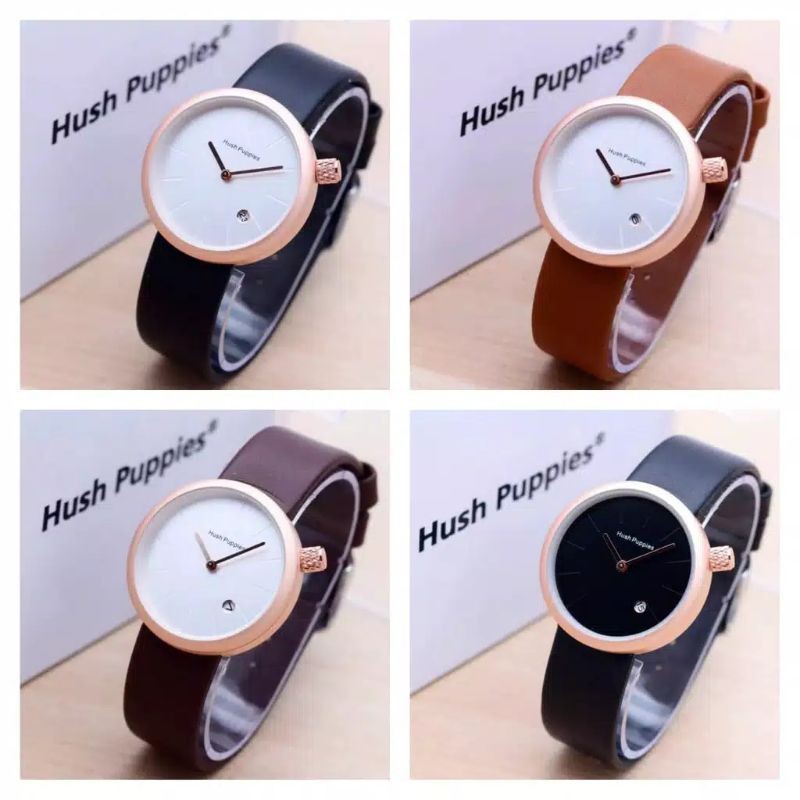 (Grosir)Jam Tangan Wanita Hush Puppies Bulat Tanggal Aktif Strap Kulit(Terima Cod)