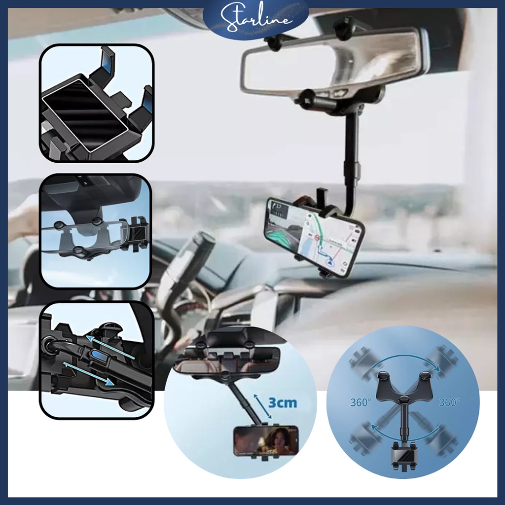 Holder Mobil Spion Jepit Fleksibel 360º Car Phone Holder Rearview Mirror
